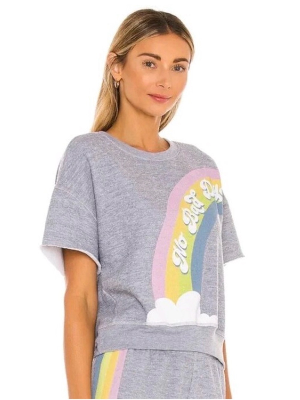 WILDFOX NO BAD DAYS Shirt Short Sleeve Retro 80s Sweatshirt Gray Rainbow Sz M